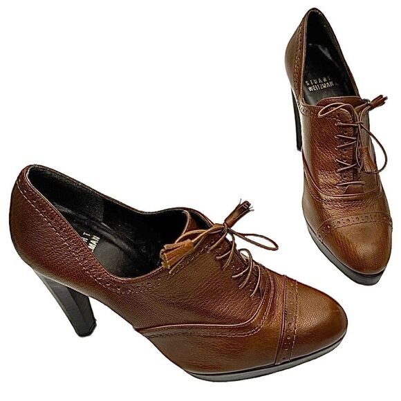 Stuart Weitzman Brogue Platform Ankle Heels Brown 6.5M Leather Made in Spain - Picture 10 of 14
